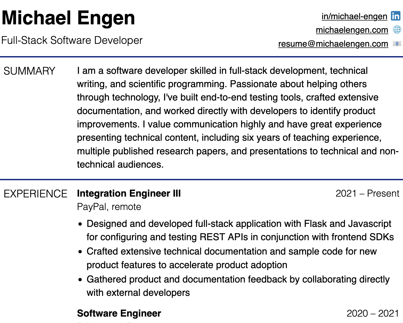 A screenshot of my resume, including a header with contact information above a summary and a cut-off list of work experience.